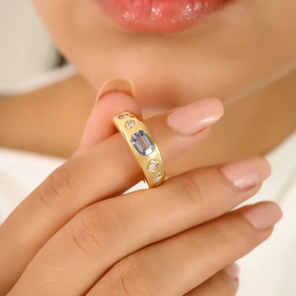 Genuine Blue Sapphire & Diamond New Trendy Chunky Gypsy Ring 18K Gold Unisex Jewelry