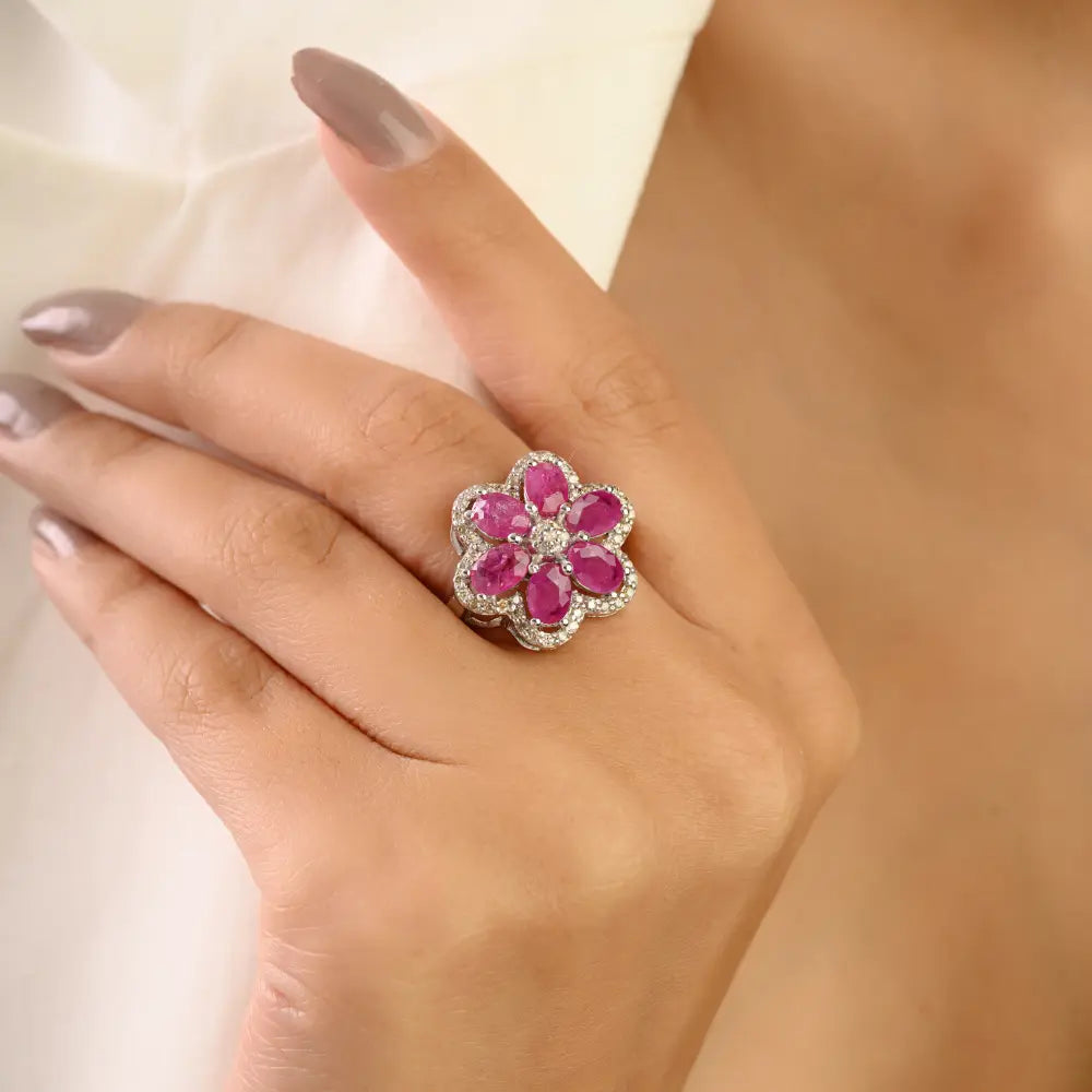 Natural Ruby and Diamond Floral Ring in 925 Sterling Silver