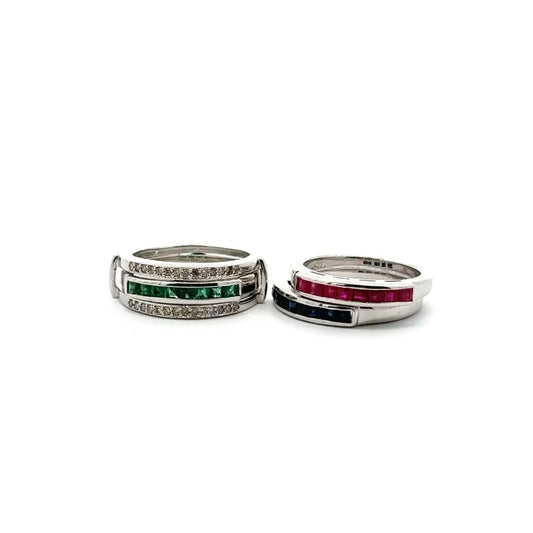 Precious Gemstone Natural Emerald Ruby Sapphire & American Diamond Changeable Ring For Wedding