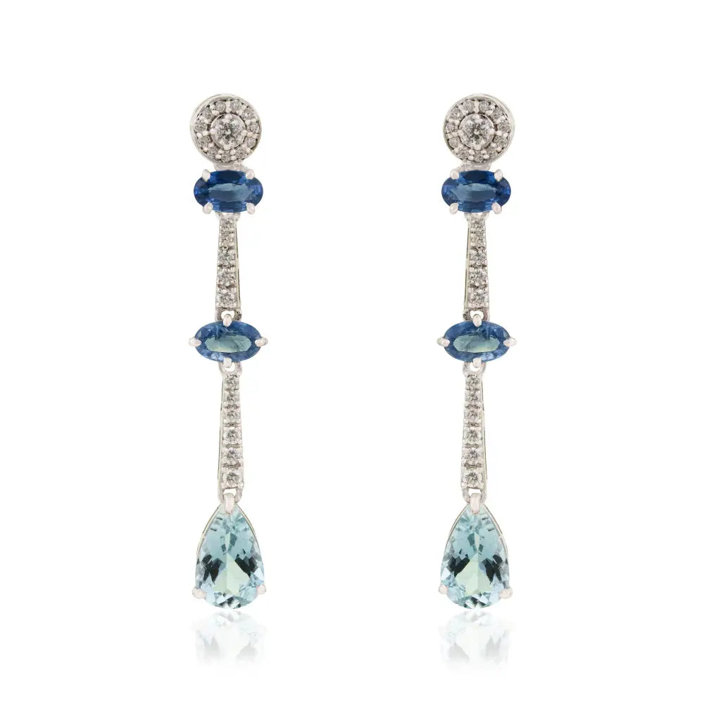 Blue Sapphire Aquamarine & Diamond Dangle Earrings Handmade 14K Soli White Gold Jewelry