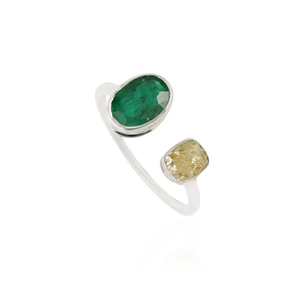 Latest Design Bezel Set Emerald & Diamond Solid K18 White Gold Open Ring Wedding Jewelry