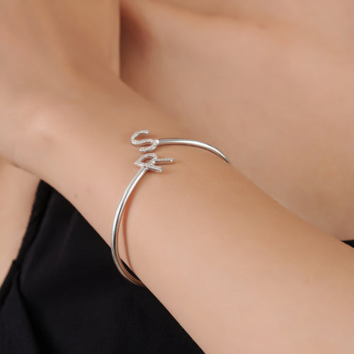 Customisable Initial Letter Pave Set Natural Diamond 925 Silver Open Cuff Bangle For Women