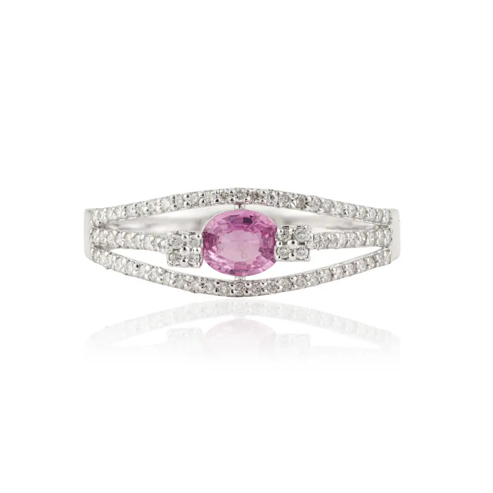 14K Real White Gold Pink Sapphire & Diamond Triple Layer Engagement Ring Custom Jewelry