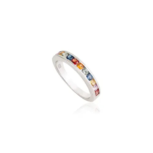 2.5 mm Round Cut Multi Sapphire Gemstone Channel Set 925 Sterling Silver Half Eternity Band Ring