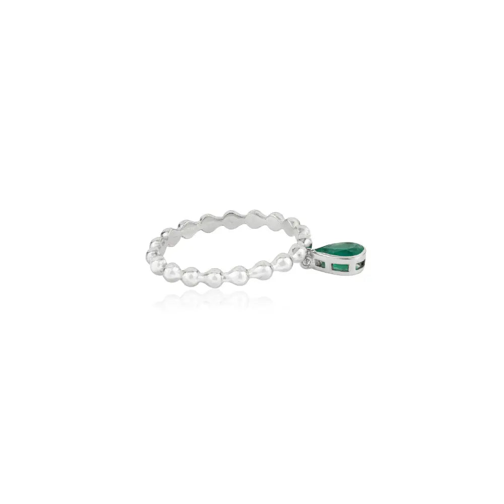 Pear Shape Emerald 14K Real White Gold Beaded Band Charm Ring Stackable Jewelry