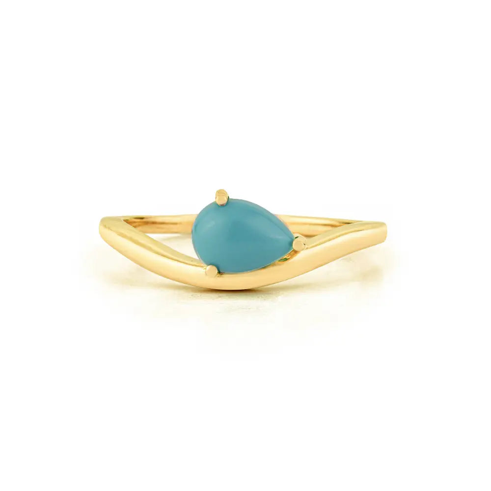 7x5 mm Pear Cut Turquoise Gemstone 18K Real Yellow Gold Wavy Curve Ring For Unisex