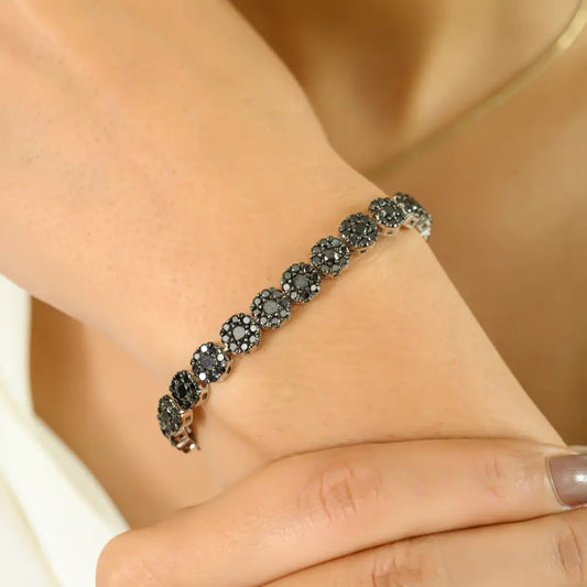 Natural Black Diamond Flower Design Tennis Bracelet 14K White Gold Sparkle Jewelry