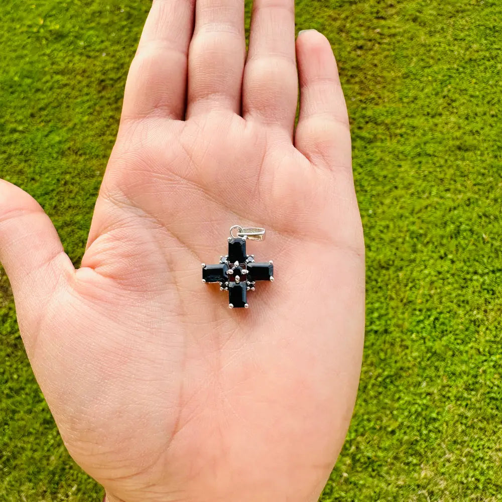 September Birthstone Real Blue Sapphire & Black American Diamond Cross Pendant In Prong Setting