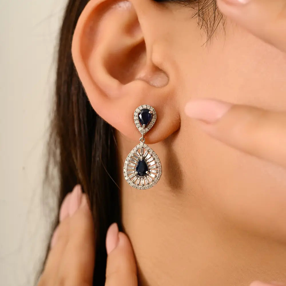 Stunning Blue Sapphire & Diamond Women's Drop Earrings 14K Solid White Gold Fine Jewelry