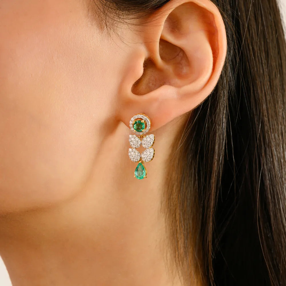 New Trendy Design 14K Gold Emerald & Diamond Drop Earrings For Women Wedding Jewelry