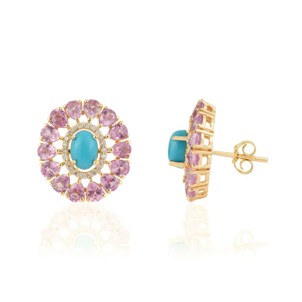 Women's Trendy 14K Yellow Gold Turquoise Pink Sapphire & Diamond Flower Stud Earrings
