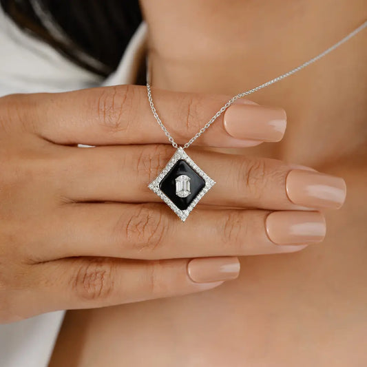 Fancy Shape Black Onyx & Diamond Link Chain Pendant Necklace Women Gift Jewelry