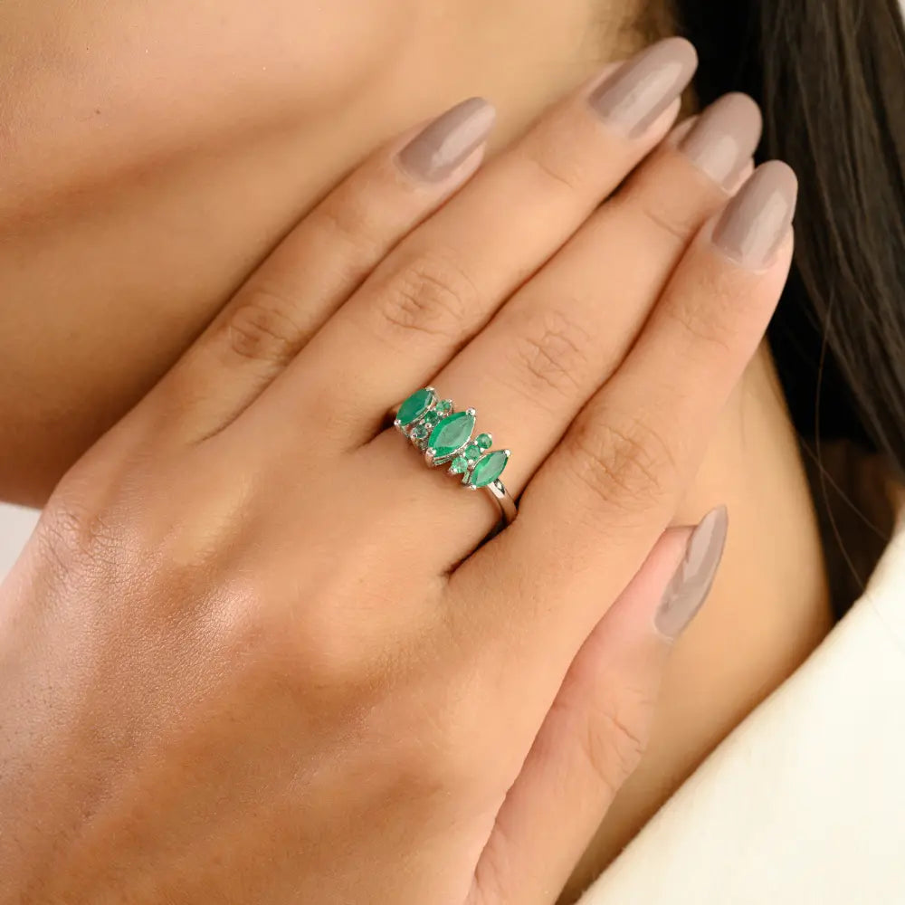 Vintage Style Marquise & Round Cut Emerald Sterling Silver Ring