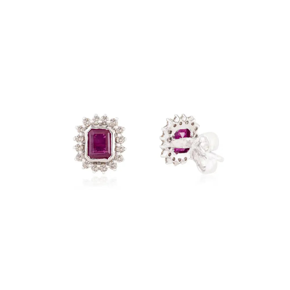 Octagon Shape Ruby & Round Cut Diamond Cluster Halo Stud Earrings 14K Gold Women Jewelry