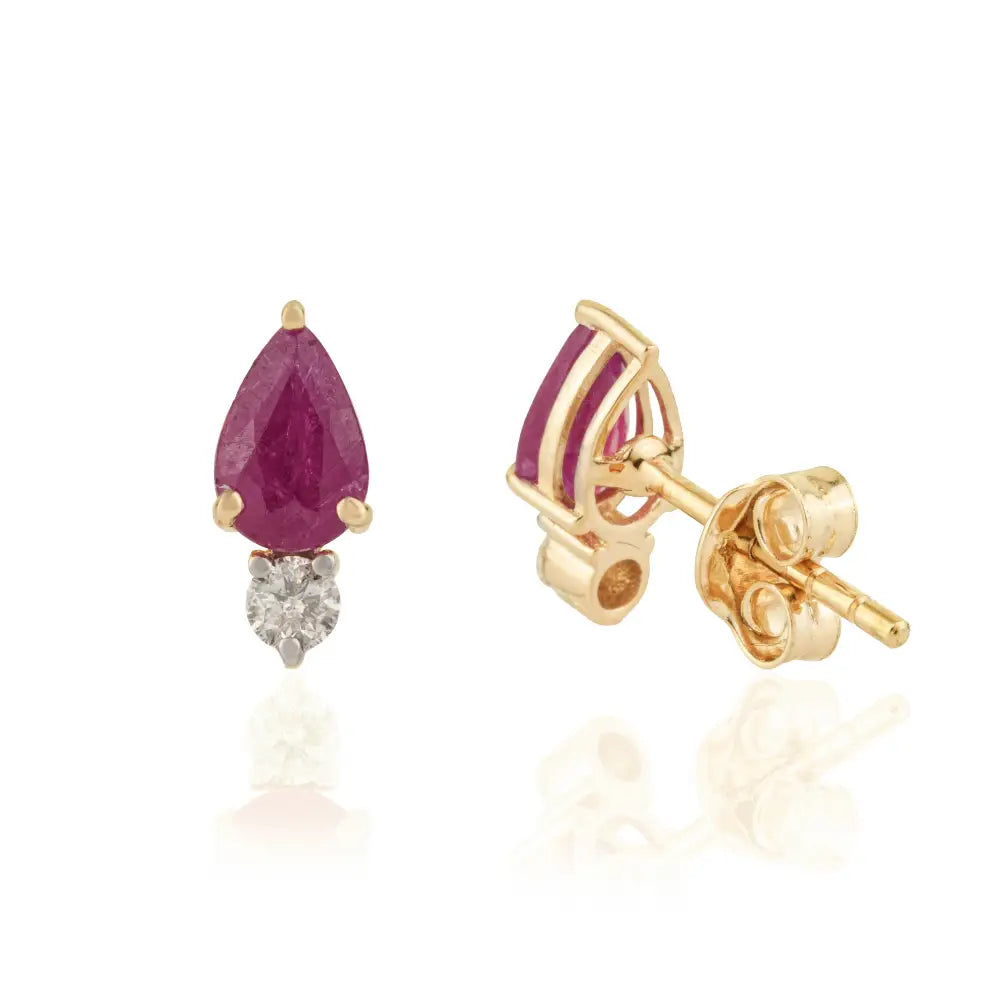 July Birthstone K14 Yellow Gold Ruby & Diamond Minimalist Stud Earrings Everyday Wear Jewelry
