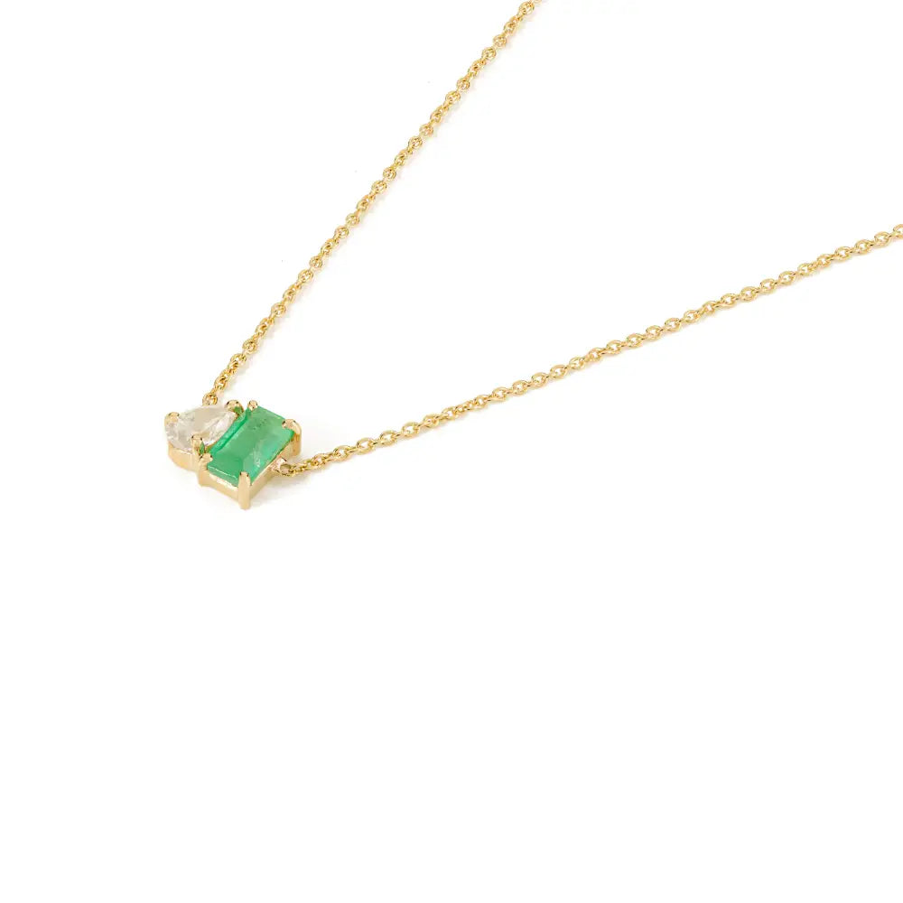 Minimalist Simple Emerald & Diamond Toi et Moi Pendant Necklace Real K14 Gold Jewelry