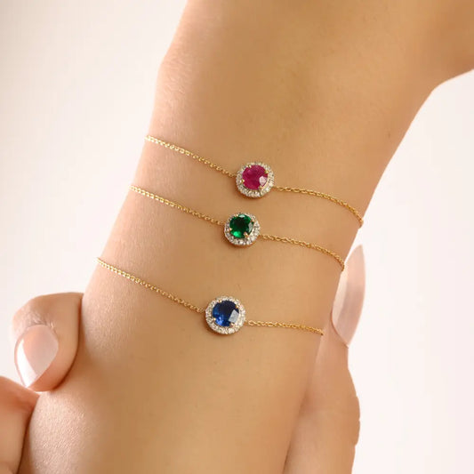 Round Cut Emerald & Diamond Minimalist Solitaire Halo Bracelet Spring Lock 14K Solid Gold