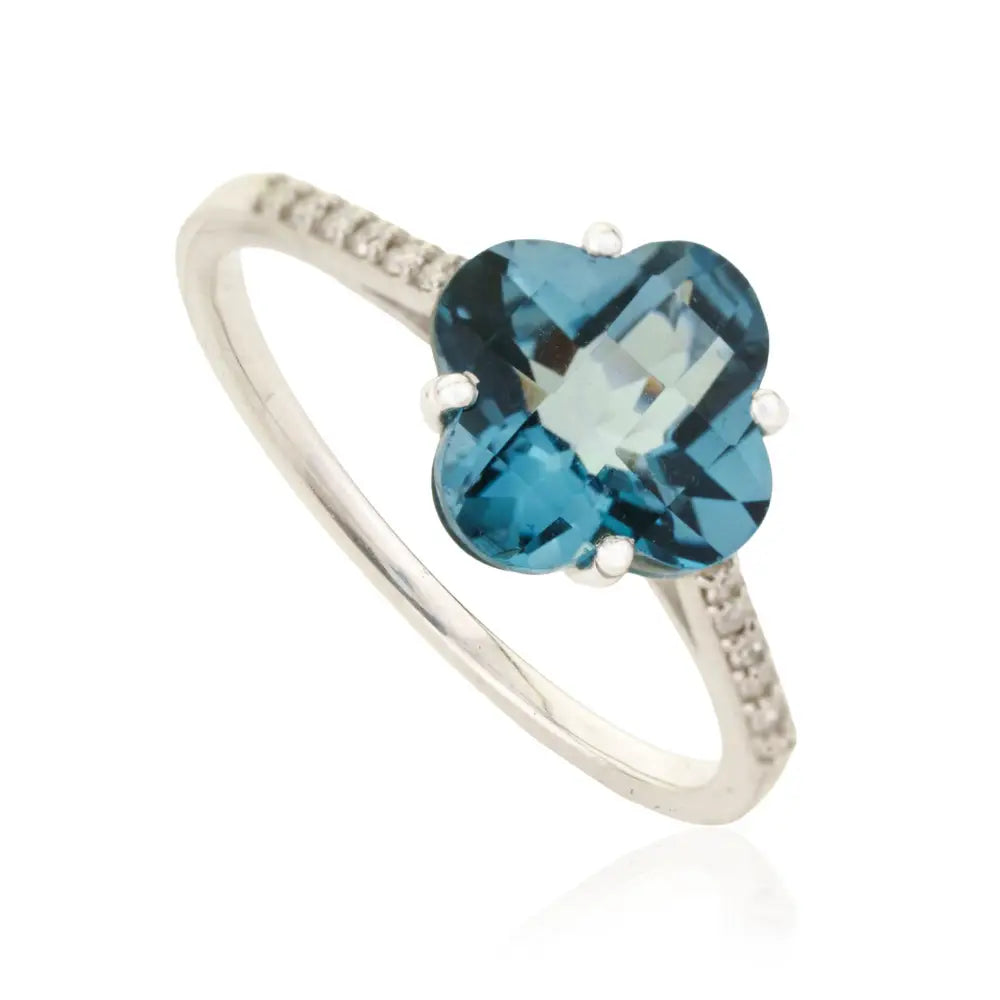 14K Real White Gold Blue Topaz & Diamond Four Leaf Clover Shape Minimal Ring Fine Jewelry