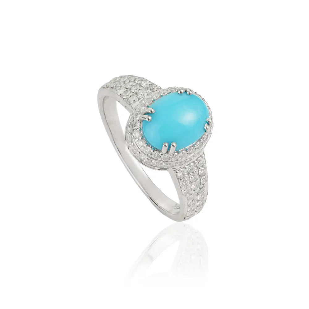 Double Prong Set Turquoise & Diamond Original 14K White Gold Halo Ring For Unisex Jewelry