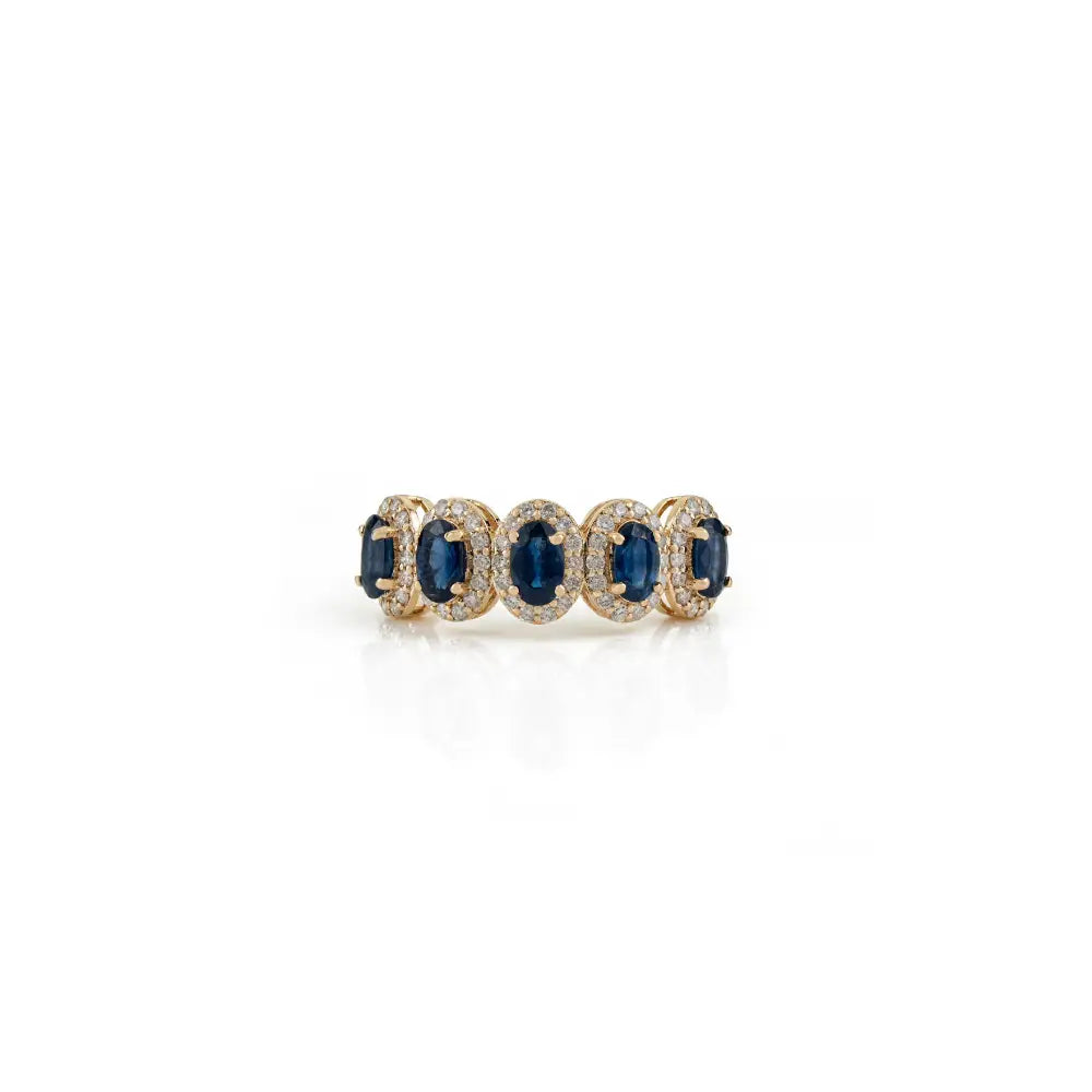 Blue Sapphire & Diamond 14K Solid Yellow Gold Five Stone Half Eternity Band Ring For Wedding
