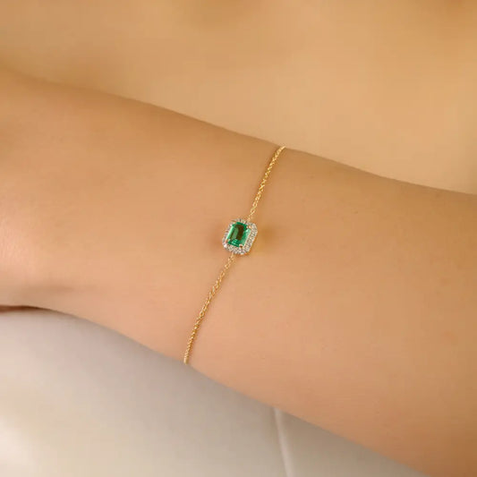 Octagon Emerald & Round Solitaire Halo Bracelet Everyday Stacking Jewelry 14K Gold Jewelry