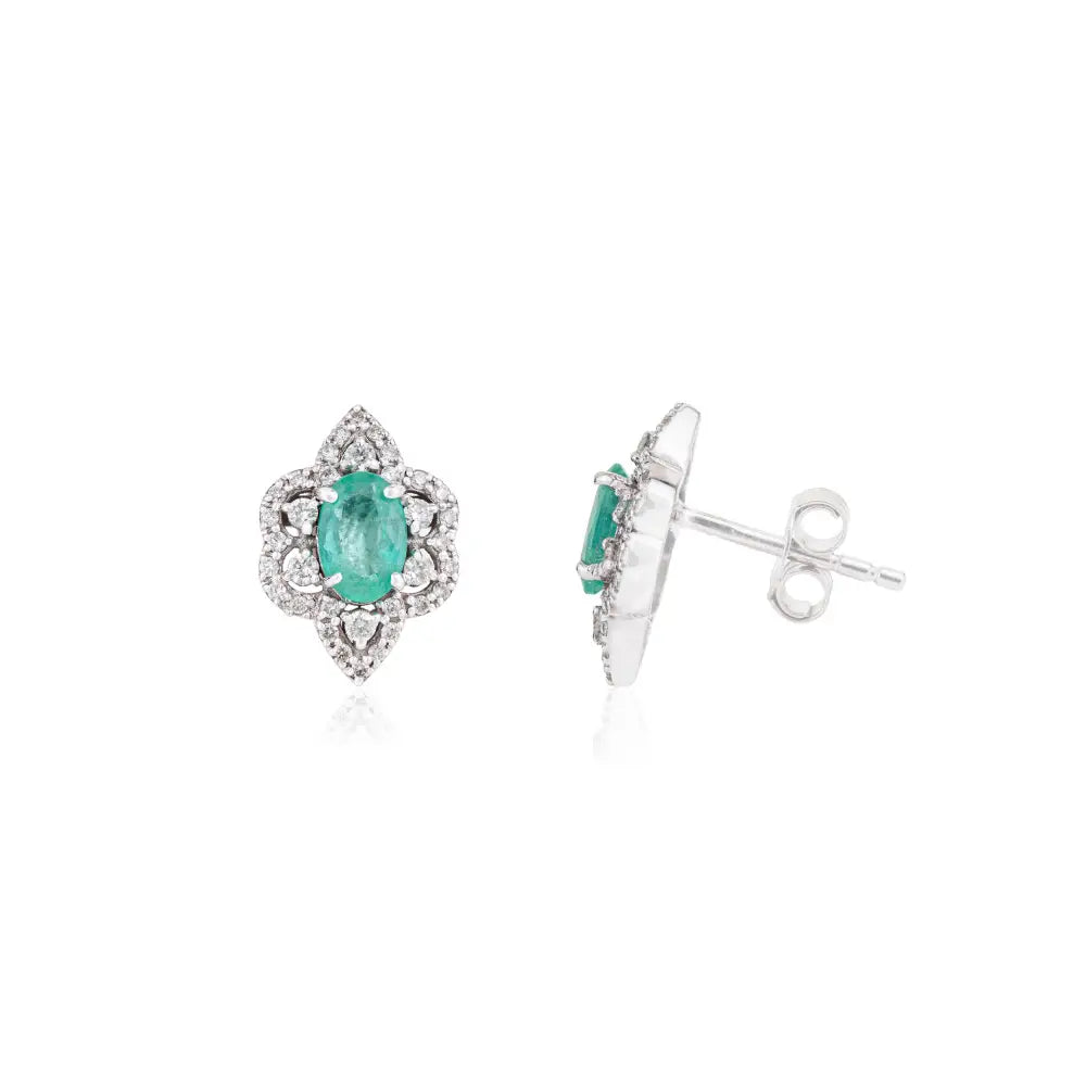Vintage Style Gemstone Stud Earrings Featuring Emerald & Diamond K14 Real White Gold Jewelry