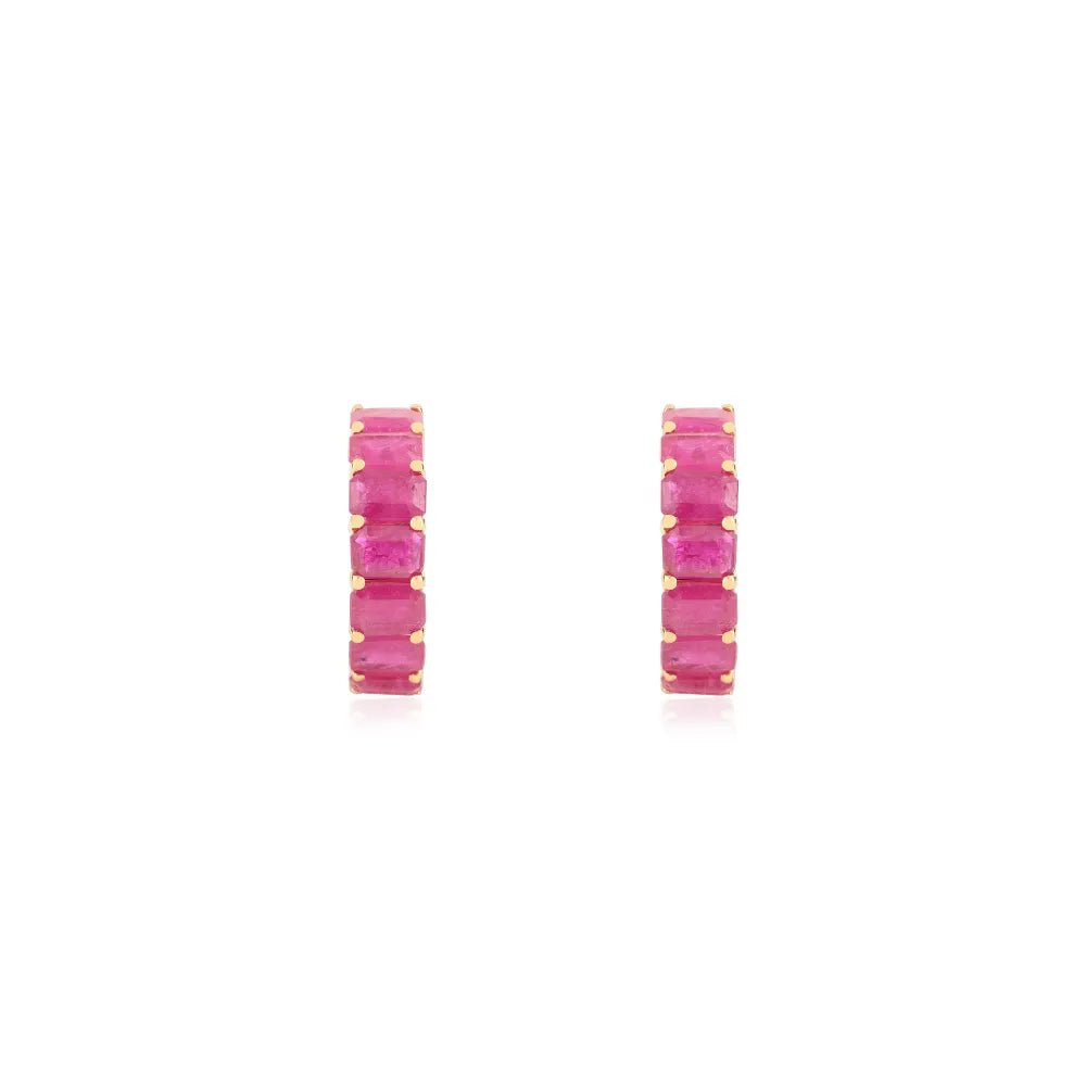 Octagon Cut Genuine Ruby Handmade Small Hoop Earrings Solid K14 Yellow Gold Jewelry