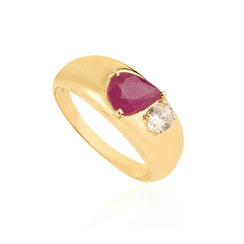 Real K14 Yellow Gold Genuine Ruby & Diamond Toi et Moi Chunky Dome Ring For Wedding