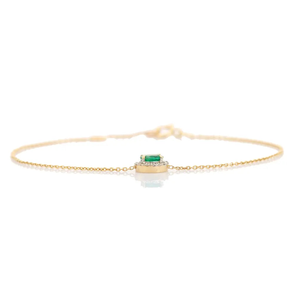 Delicate Simple Design 14K Gold Emerald & Diamond Solitaire Halo Bracelet Unisex Jewelry