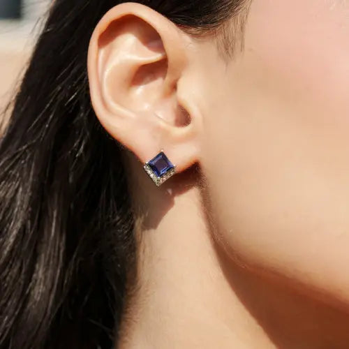 100% Genuine Princess Cut Iolite & Diamond Accents 925 Sterling Silver Fine Studs For Women's