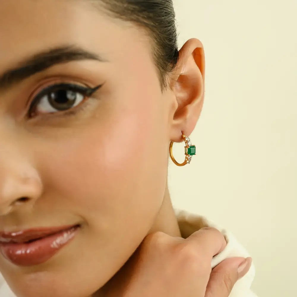 Square Emerald & Round Cut Diamond 18K Solid Gold Fine Hoop Earrings High Quality Jewelry