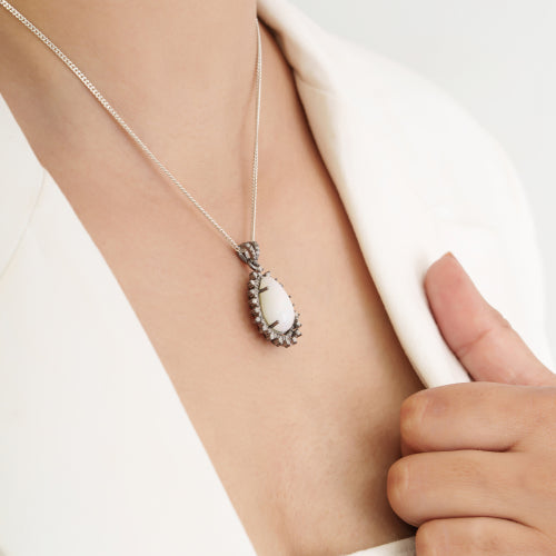 5CTW Pear Shape Natural Opal & Diamond Halo Pendant Fine Jewelry In 925 Sterling Silver