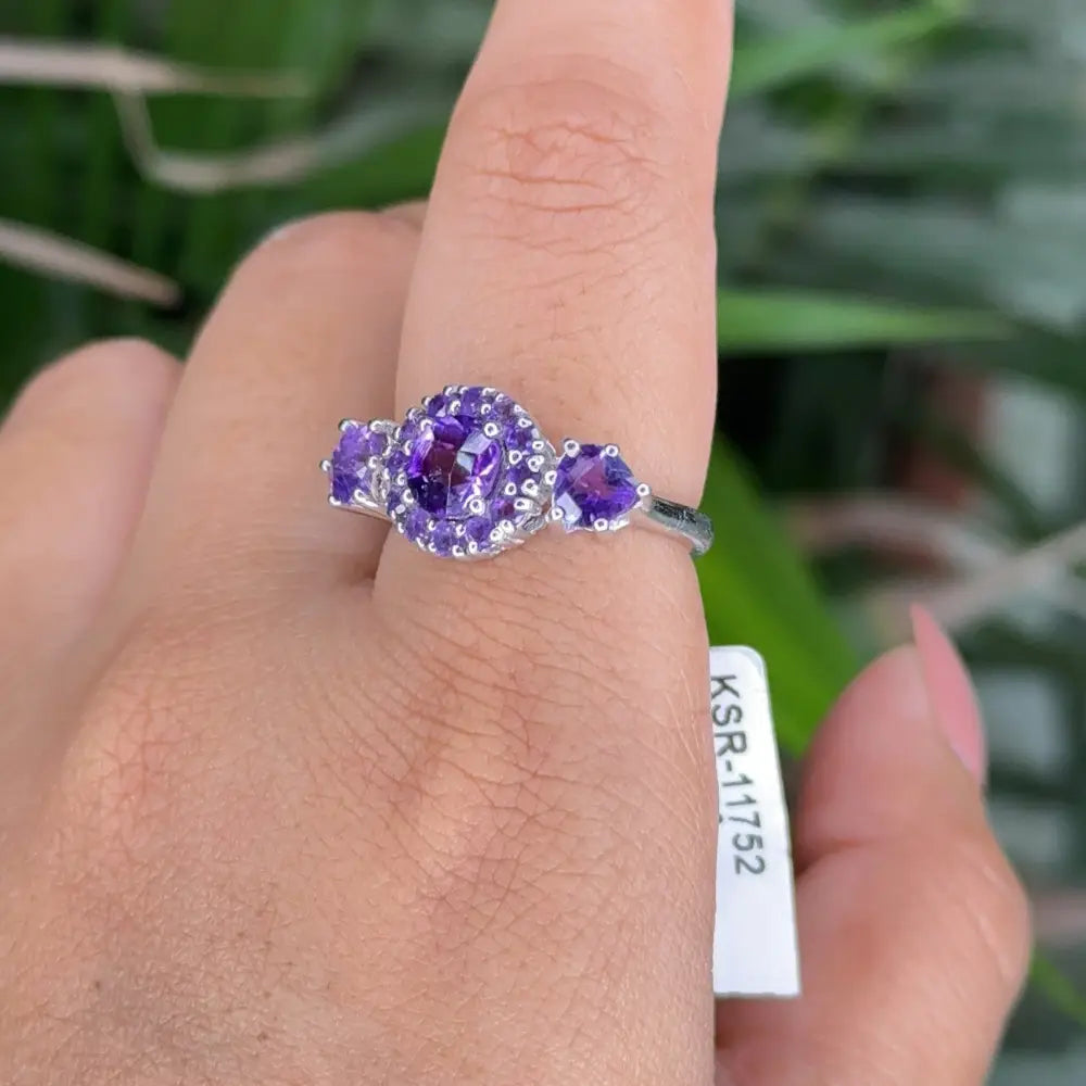 Febuary Birthstone 100% Natural Amethyst 925 Sterling Silver Cluster Ring For Women