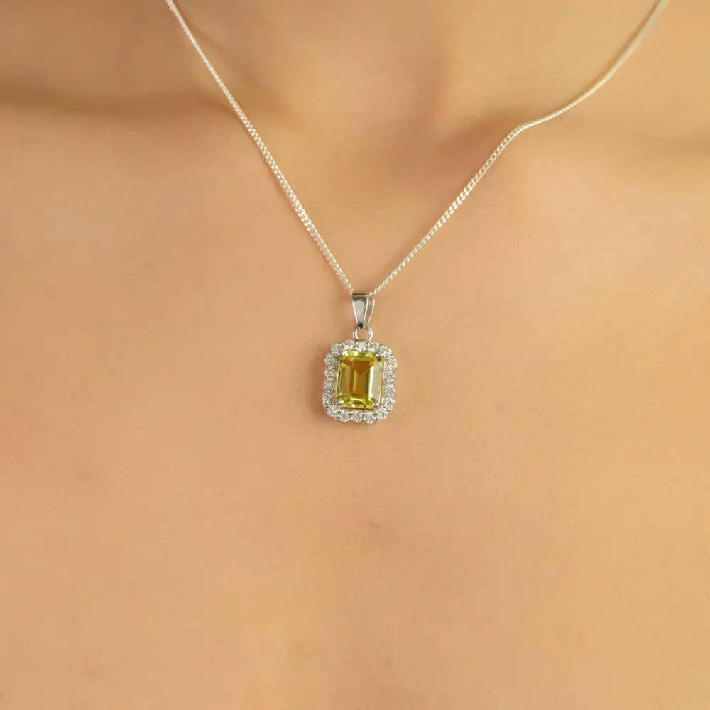 Octagon Lemon Topaz With Diamond Halo Setting 925 Silver Cluster Pendant
