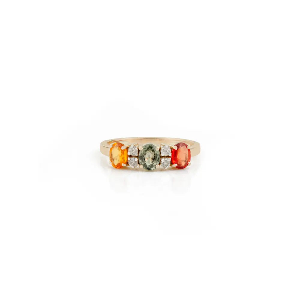Minimal Simply Multi Sapphire & Diamond Fine Three Stone Ring Pure 14K Yellow Gold Jewelry