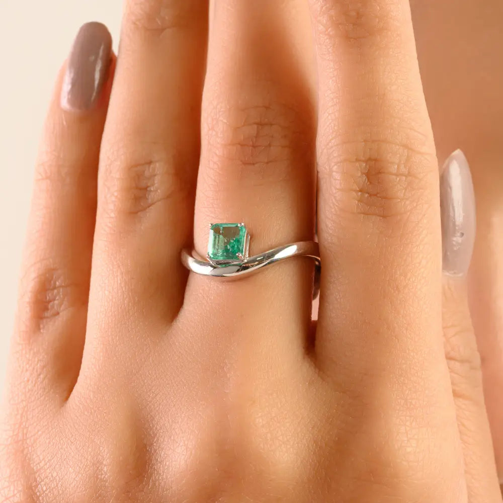 Prong Set Emerald Handmade 14K Solid White Gold Wavy Design Curve Ring Stacking Jewelry