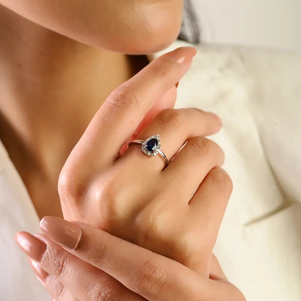 Handmade Blue Sapphire & Diamond Pear Shape Halo Stackable Ring 14K White Gold Fine Jewelry