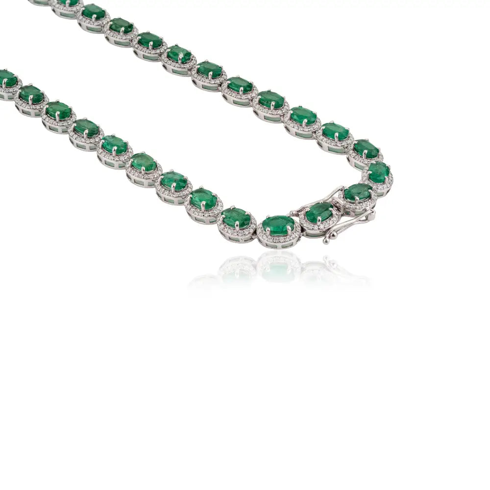 22.11 Ct. Emerald & Diamond K14 Real White Gold Fine Halo Tennis Necklace Wedding Jewelry
