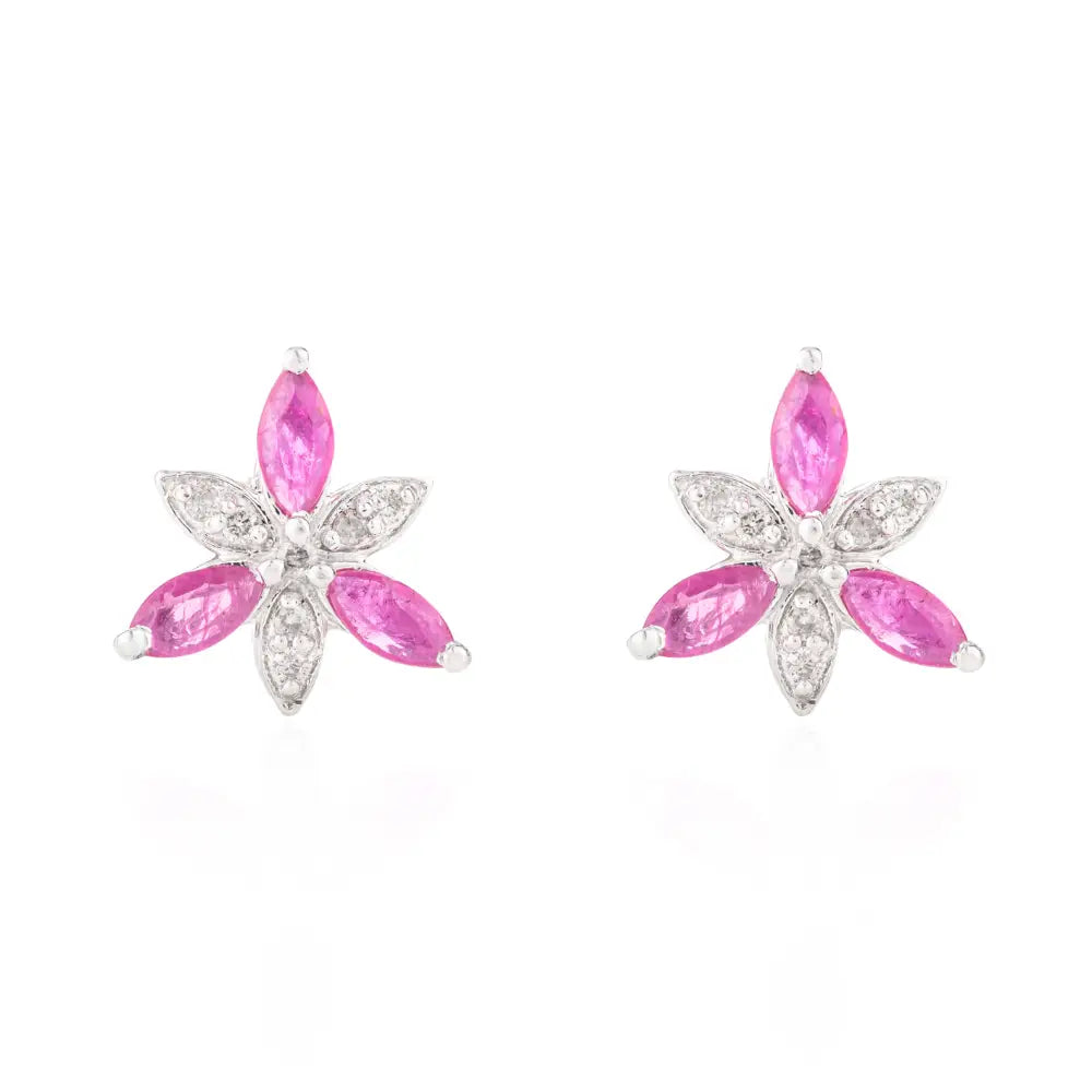 Marquise Shape Ruby & Round American Diamond Flower Shape Stud Earrings For Valentine's Day Gift