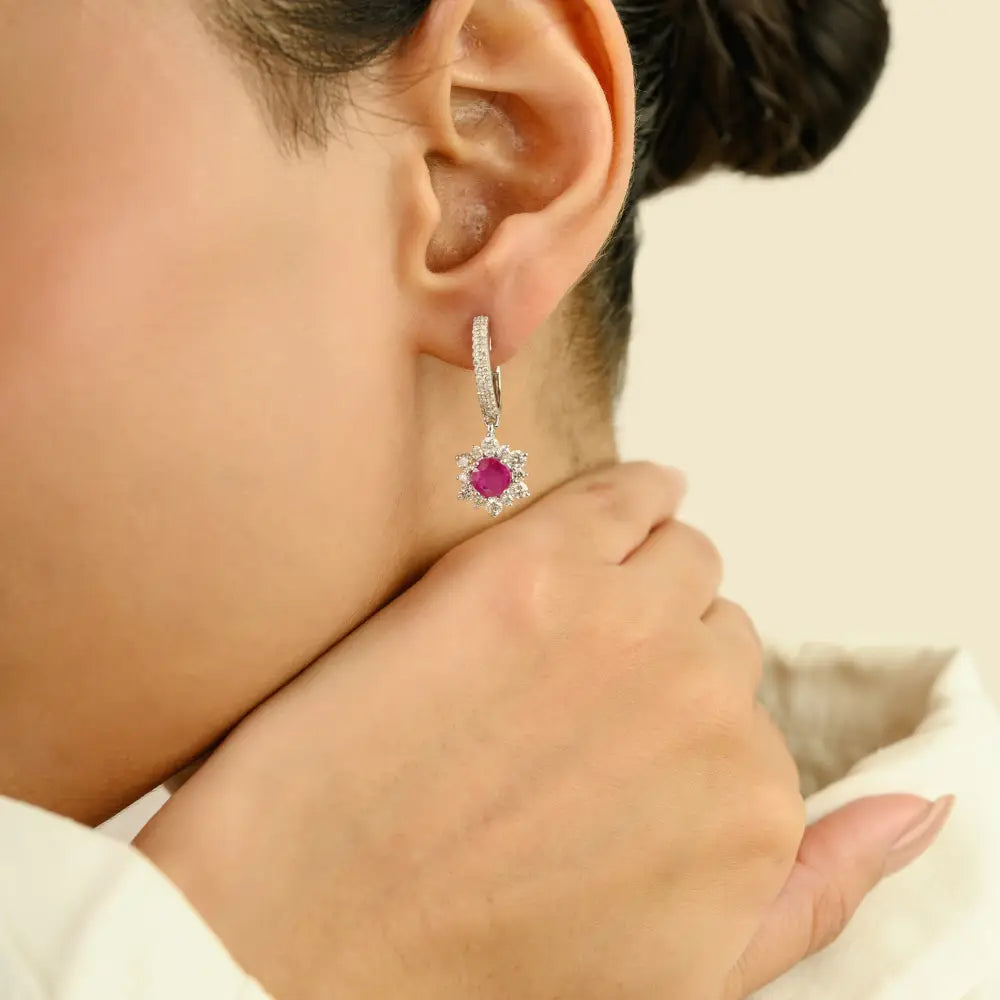5.5 MM Round Cut Ruby & Diamond Solid 14K White Gold Charm Hoop Drop Earrings Women