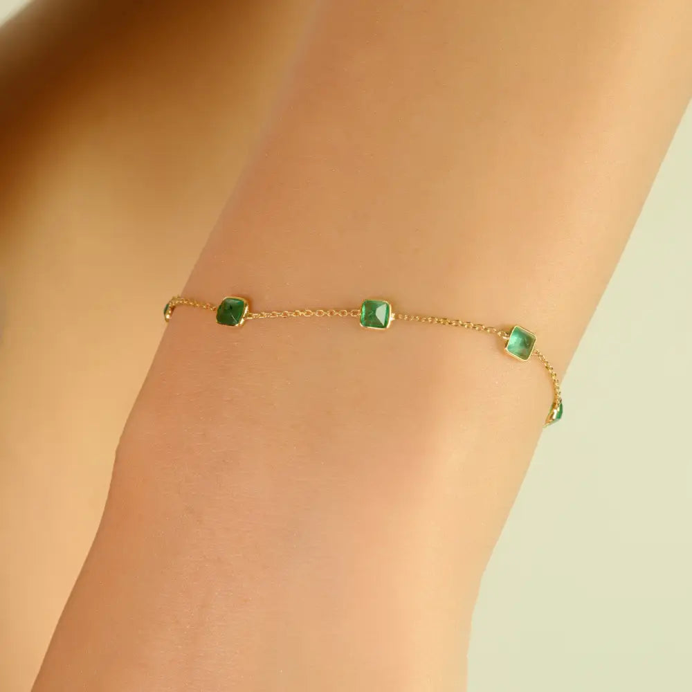 Stunning Dainty Square Cut Emerald Minimalist Chain Bracelet 18K Real Gold Everyday Jewelry