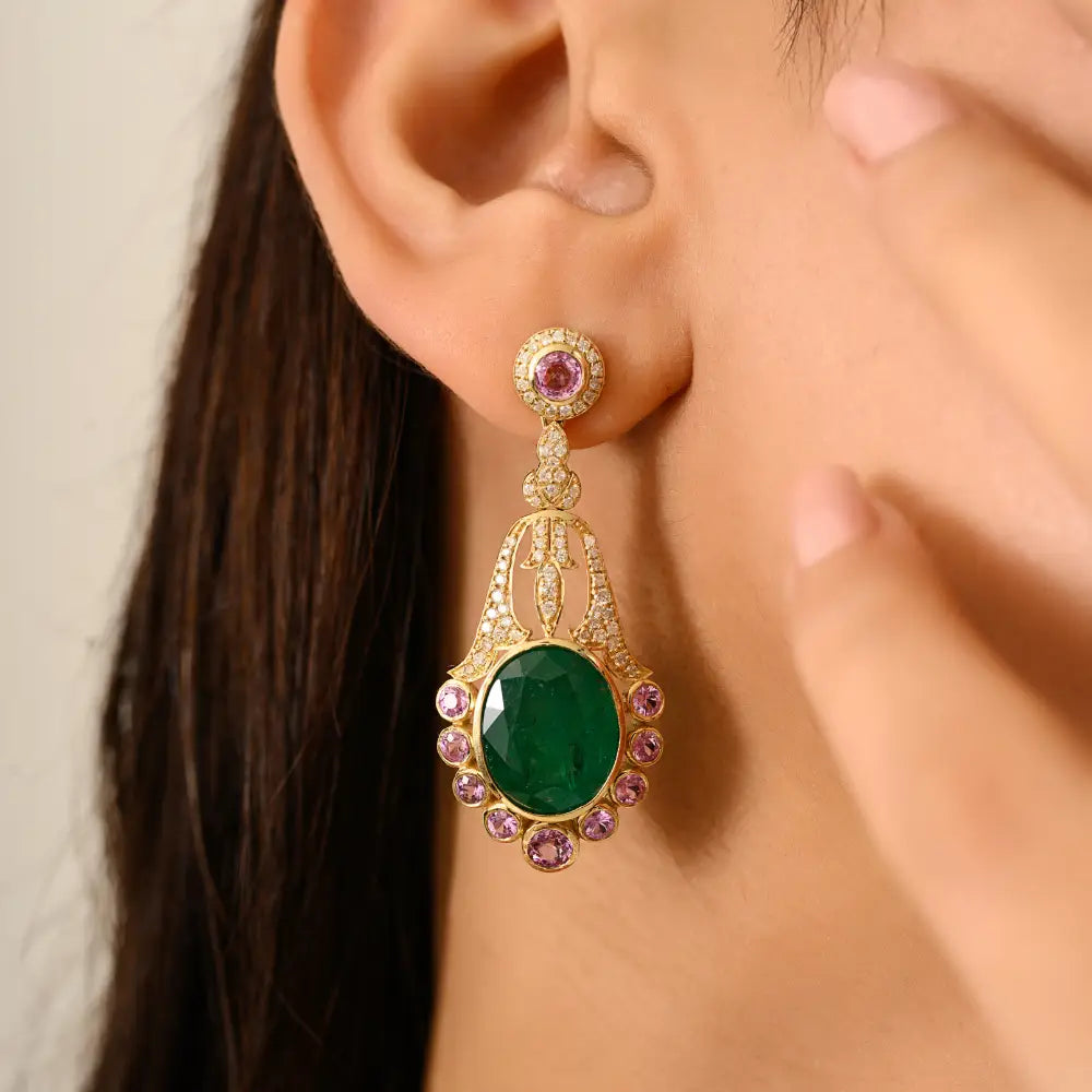 Luxurious Emerald Pink Sapphire & Diamond 14K Yellow Gold Wedding Chandelier Earrings