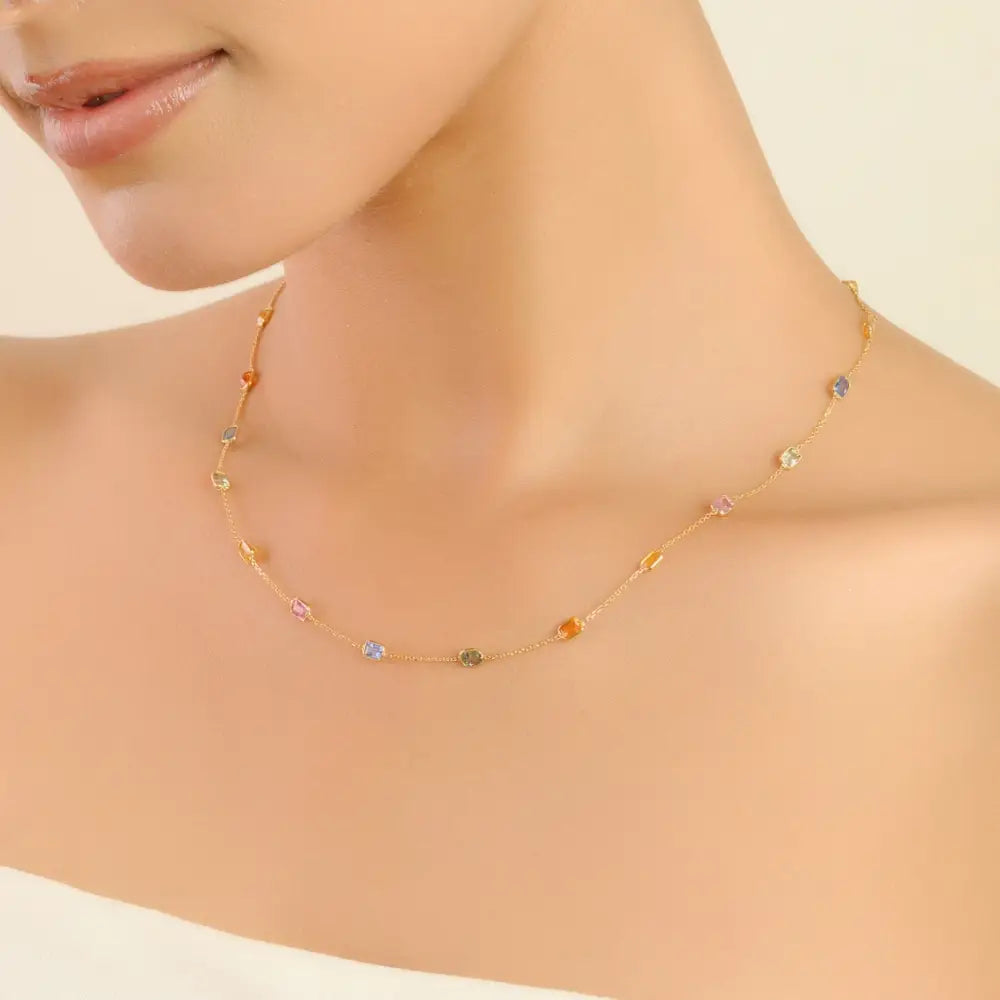 Delicate Stacking Station Chain Necklace Featuring Multi Sapphire Gemstone 18K Gold Jewelry
