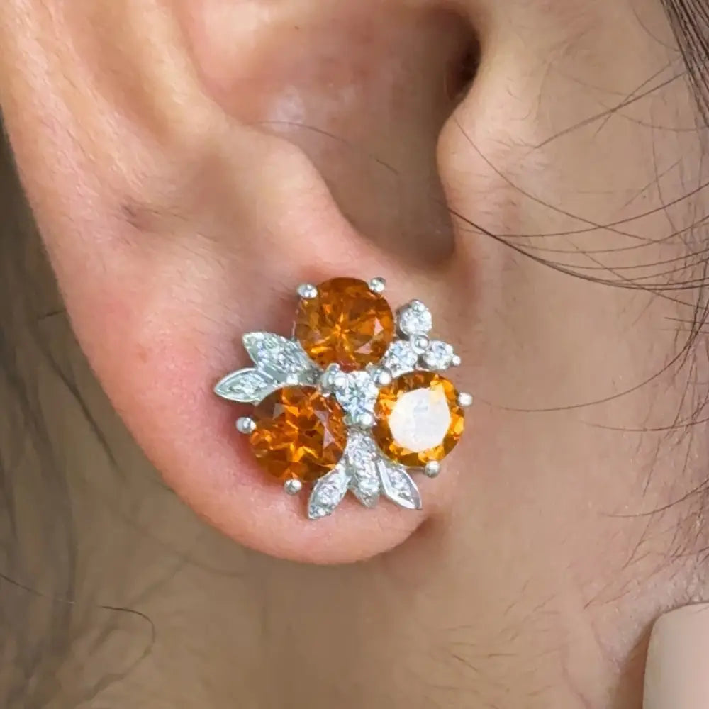 Round Citrine & American Diamond Three Stone Stud Earrings Women Jewelry 925 Solid Silver