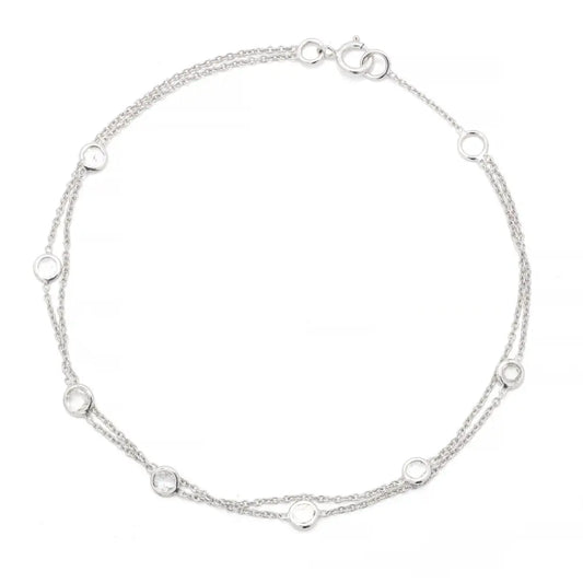 Natural Diamond Double layer 18K Fine White Gold Long Chain Bracelet