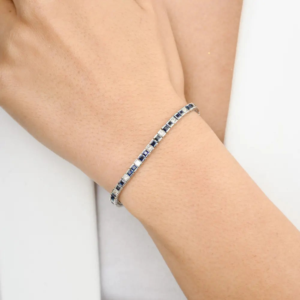 Natural Blue Sapphire & Diamond Solid 18K White Gold Tennis Bracelet