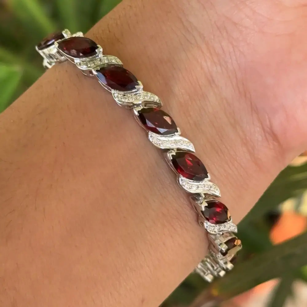 100% Natural Garnet & American Diamond Tennis Bracelet For Women Prong Setting