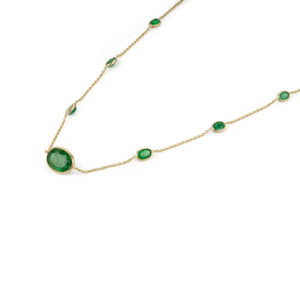 Precious Gemstone Fine Emerald Station Chain Necklace May Birthstone Pure 14K Yellow Gold Women's Jewelry