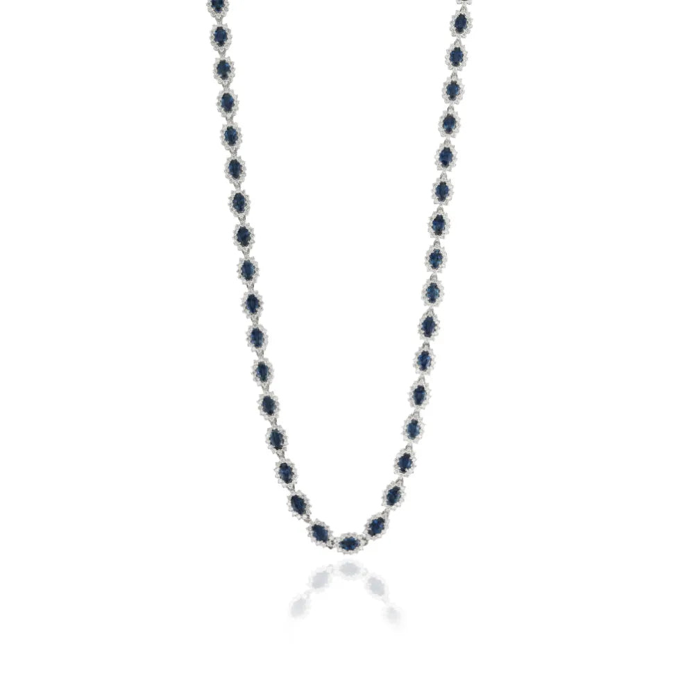 Prong Set Blue Sapphire & Diamond Fine Cluster Tennis Necklace For Women 14K Real White Gold Bold Jewelry