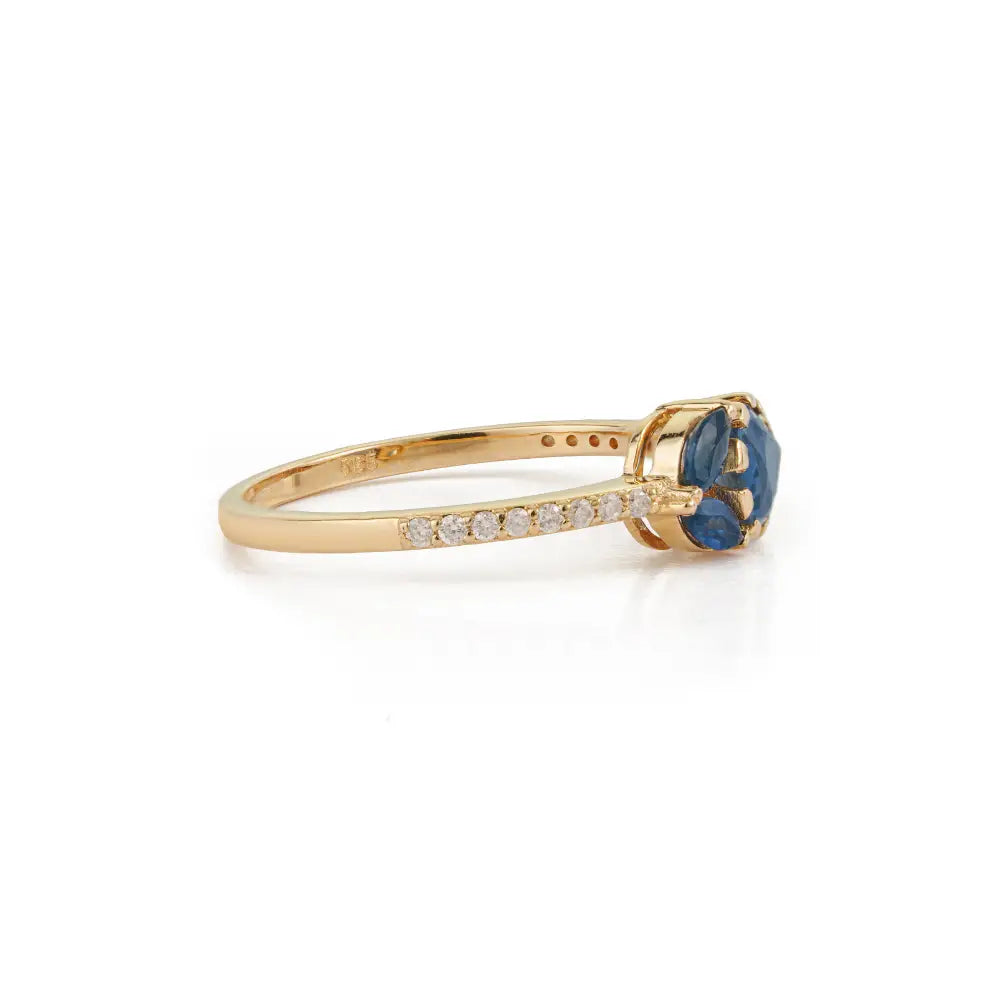 Simple Elegant Blue Sapphire & Diamond Three Stone Stacking Ring Solid 14K Yellow Gold